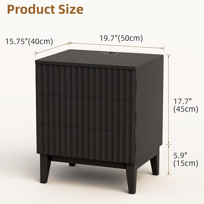 LED тумбочка Gurexl з зарядкою та 3 шухлядами, дерев'яна, з USB та Type-C, з датчиком руху, для спальні, вітальні, офісу, чорна