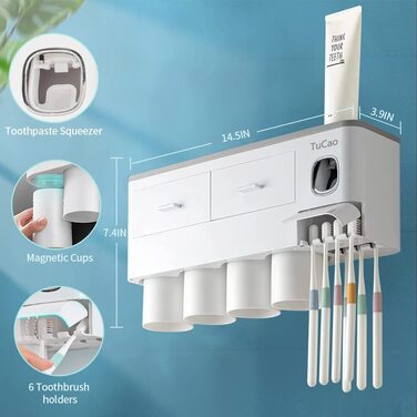 Автоматичний дозатор зубної пасти TuCao з тримачем для зубних щіток, 7 слотів, 4 чашки, настінний