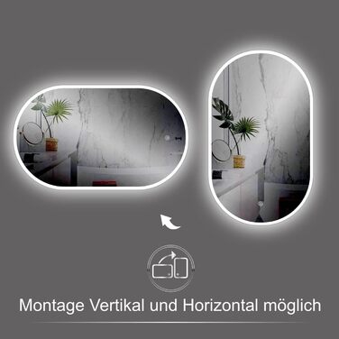 Дзеркало для ванної кімнати овальне з підсвічуванням 75x45 см, LED, сенсорне керування, зміна кольору світла (тепле/холодне/нейтральне)