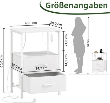 Нічний столик Somdot з LED, USB та Type-C, 2 висувні ящики, штучна шкіра, білий (30x40x60 см)