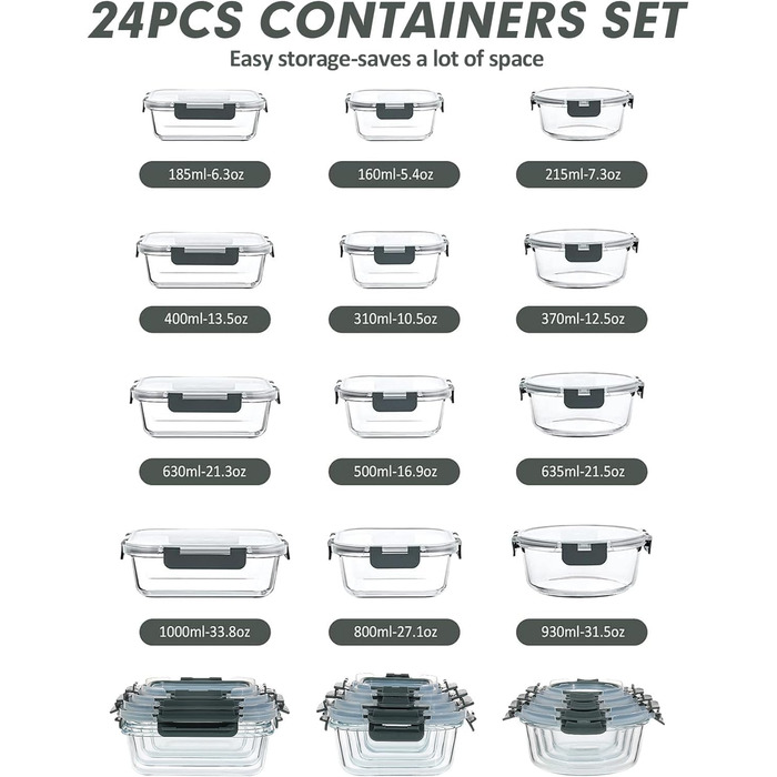 Набір контейнерів Verones 24 шт. з кришкою, сірий, повітріобмінний, для зберігання їжі, морозильник, посудомийна машина