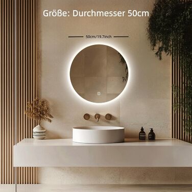 Круглий дзеркало для ванної кімнати MYGIIVOVO з підсвічуванням, LED, сенсорне управління, 3 кольори, 50 см