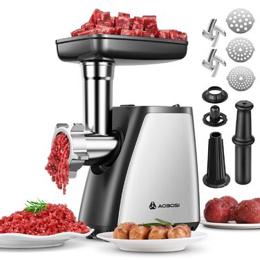 М'ясорубка електрична AAOBOSI 3-в-1, 2800 Вт, нержавіюча сталь: з насадками для ковбас та кубебе, 2 ножі, 3 решітки для дому