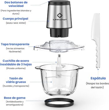 Подрібнювач LINKChef електричний 1.5л, скляна чаша, сталеві ножі, 2 швидкості, для м'яса, фруктів, овочів та дитячого харчування, сріблястий