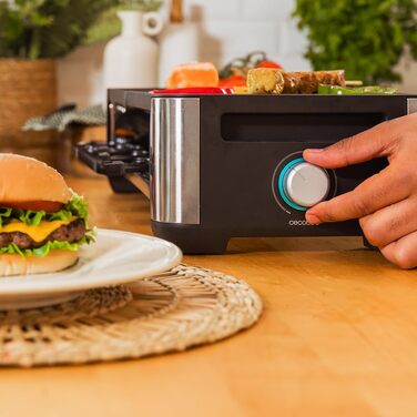 Електричний гриль-рашетниця Cecotec Raclette Cheese&Grill 16000 Inox Black для 8 осіб, 1400 Вт, з регулюванням температури та антипригарним покриттям, 40 x 22 см, 8 сковородок та 8 лопаток