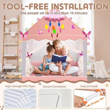 Дитячий намет критий з Starlights & Mat, великий ігровий намет 130x120x100см (рожевий і сірий)