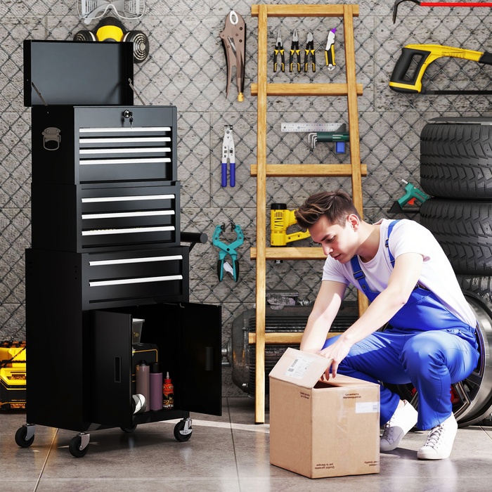 Набір інструментів 3-в-1, інструментальна шафа з 4 колесами, замикається, інструментальний ящик з 9 висувними ящиками, сталь, чорний