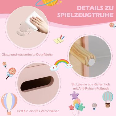 COSTWAY Скринька для іграшок з полицями, дерев'яна іграшковий ящик з кришкою, органайзер для дитячих іграшок, комод для іграшок в дитячу кімнату, 60x30x44 см (Білий, Рожевий)