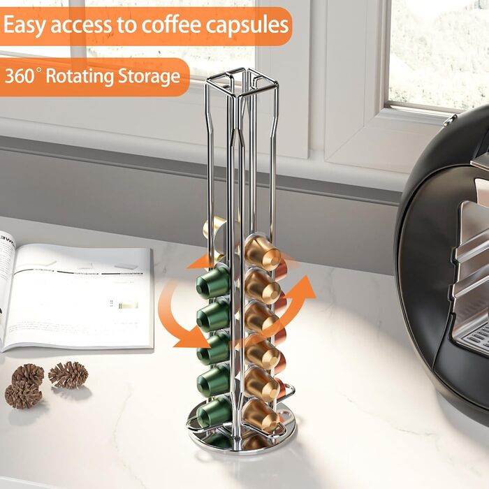 Тримач для капсул кави JIAMOEAT для Nespresso, 40 капсул, обертається, срібний | Тримач для капсул кави