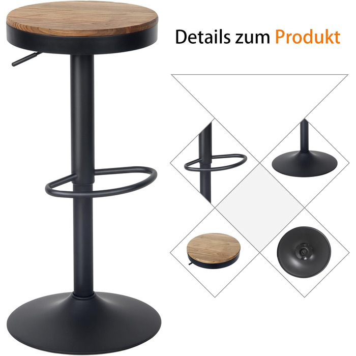 Барні стільці Kidol & Shellder 2 шт. Регульована висота, поворотні на 360°, кругла дерев'яна стільниця на металевому каркасі, чорний колір. Підходять для кухні, бару, вітальні.