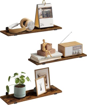 Полиця настінна EUGAD 3 шт., плаваючі полиці 60 см, дерев'яний декор вінтаж, настінні полиці для вітальні, кухні, офісу, ванної, витримує до 15 кг/полиця, коричневий вінтаж