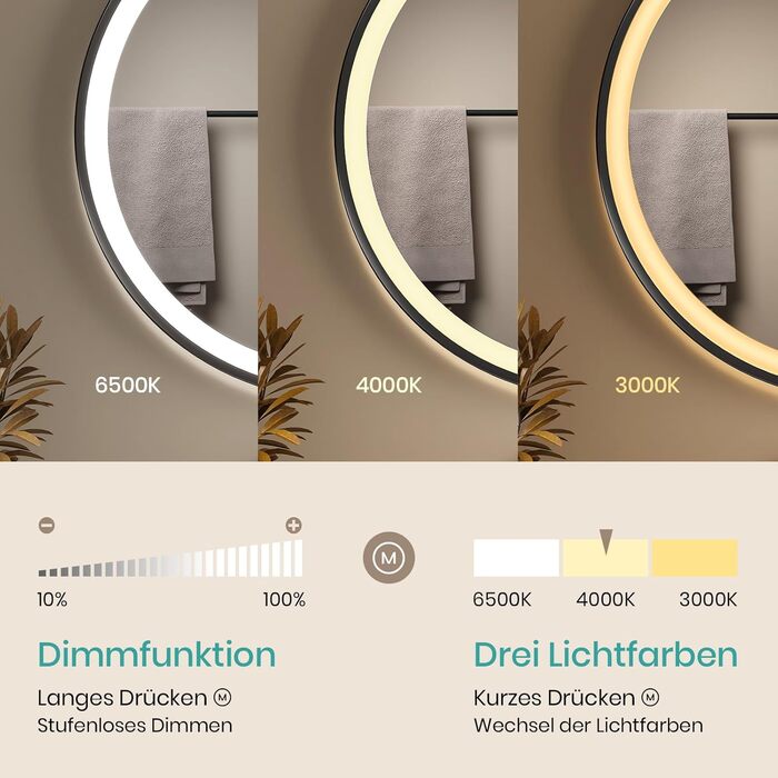 Дзеркало для ванної кімнати EMKE з підсвічуванням, діаметр 50 см, чорний каркас, регульована яскравість, 3 кольори світла, антизапар, сенсорне керування, функція пам'яті