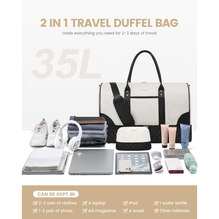 Сумка-мішок LOVEVOOK для жінок: дорожня, спортивна, з відділенням для взуття та мокрих речей, 2 шт. у наборі, 35л, бежевий & хакі