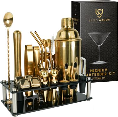 Набір бармена Mixology – 24 предмети: золотий шейкер, стакан, мадлер, кубики льоду та інше. Ідеальний барний аксесуар для дому