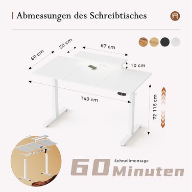 Регульований по висоті письмовий стіл Klicelor 140x60 см з LED-підсвіткою, розетками та підставкою для монітора, білий — ігровий та офісний стіл для роботи стоячи