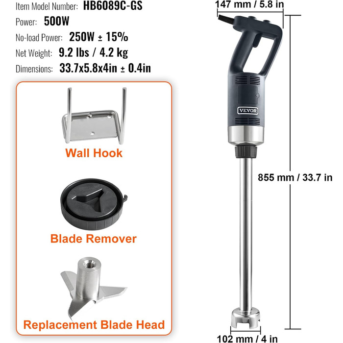 Електричний ручний блендер VEVOR 500 Вт, високопродуктивний ручний блендер з регулюванням 4000-18000 об/хв, багатоцільовий ручний блендер з нержавіючої сталі 855 мм Знімний стрижень для перемішування, включаючи настінний гачок і запасну головку леза 500 В