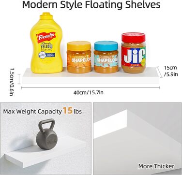 Набір полиць настінних OUDIE білі (3 шт), плаваючі полиці для вітальні, кухні, спальні, офісу, коридору 15x40x1.5 см