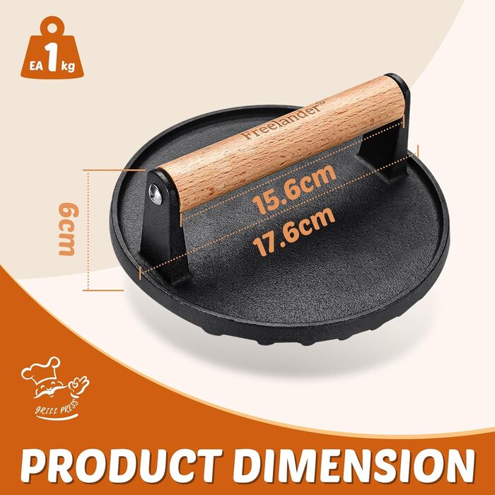 Пресс для бургерів Freelander з чавуну, набір для приготування смашених бургерів (діаметр 17.6 см, прямокутний 20.5 см), прес для гриля з термостійкою ручкою, великий прес для гамбургерів, стейків, сендвічів (чорний, круглий)