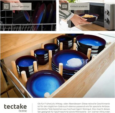 Набір посуду Tectake 30 предметів для 6 осіб, керамічний посуд, набір тарілок, мисок та чашок, придатний для миття в посудомийній машині та використання в мікрохвильовій печі - (Abyss Blue)