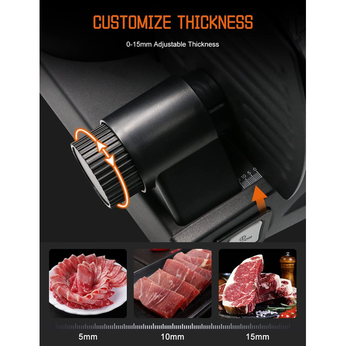 Електричний слайсер 200W з нержавіючої сталі - кухонна машина з регулюванням 0-15 мм, 2 леза, для м'яса, ковбаси, сиру та хліба