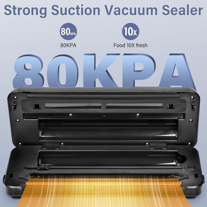 Вакууматор 8-в-1 для сухої та вологої їжі, вакуумний пакувальник 80 кПа з вбудованим різаком, відсіком для пакетів та цифровим таймером (Чорний)