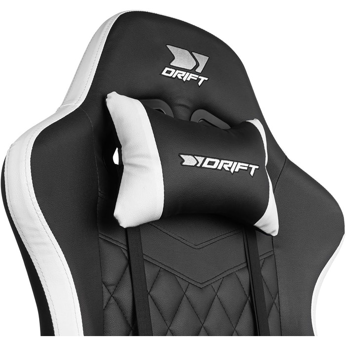 Ігровий крісло DRIFT GAMING DR35 – професійне, зі штучною шкірою, підлокітники з м'якою підкладкою, газліфт 3 класу, посилена база з нейлону, регульований нахил, регульована висота, подушки для попереку та шиї, чорно-сірий колір (Dr35 White)