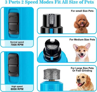 Точилка для кігтів Bousnic для собак з 2 світлодіодними лампами-безшумна, потужна, 2-швидкісна електрична пилка для стрижки нігтів на ногах для собак малого і середнього розміру і кішок (синя )