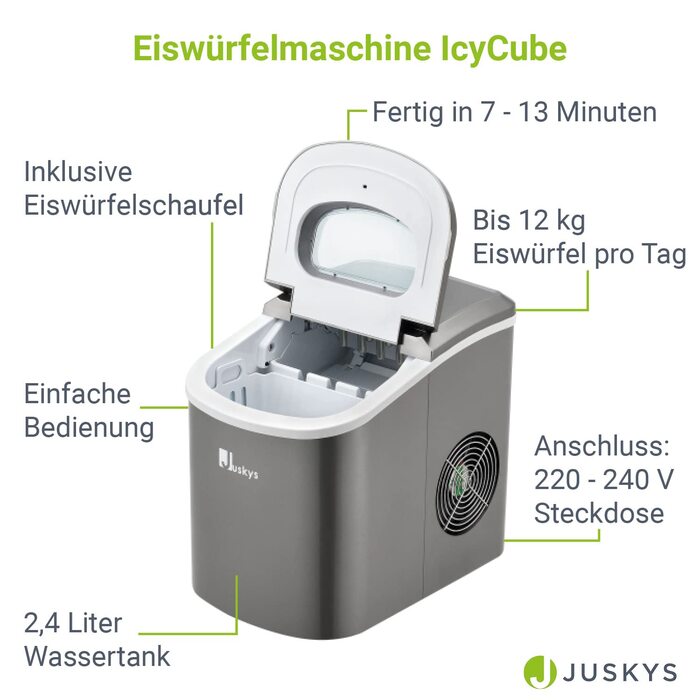 Машина для виробництва кубиків льоду Juskys IcyCube - 12 кг/24 години - 7-13 хв - 100 Вт - 2,4 л Резервуар для води - сірий