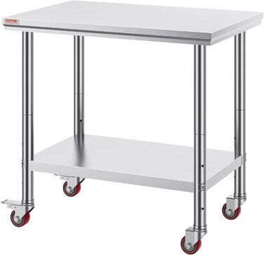 Нержавійна кухонна стільниця VEVOR 90x60x85 см з 4 роликами, регулювання висоти, 136 кг, для приготування їжі, сріблястого кольору