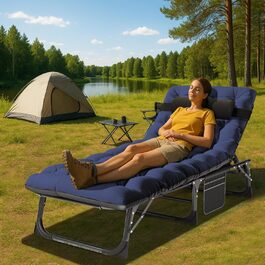 Складне ліжко-шезлонг – 200 кг, з матрацом, кишенями, регульованою спинкою та підголівником – для офісу, тераси, саду, кемпінгу та відпочинку на сонці (Блакитний Літтер)