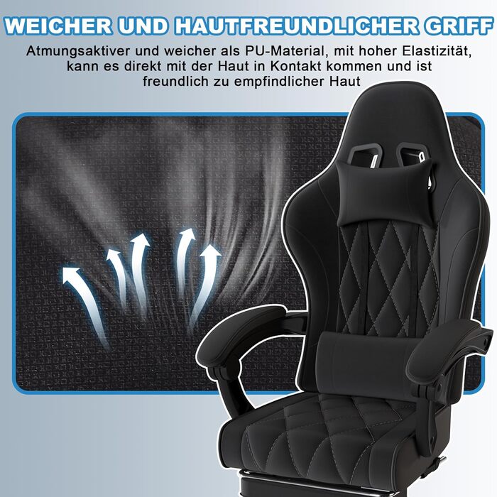 Ігровий крісло JUMMICO з тканини та підлокітниками з піною, ергономічний офісний крісло з масажером. Крісло має підголівник, підставку для ніг, регулювання висоти. Максимальне навантаження: 150 кг, чорний колір