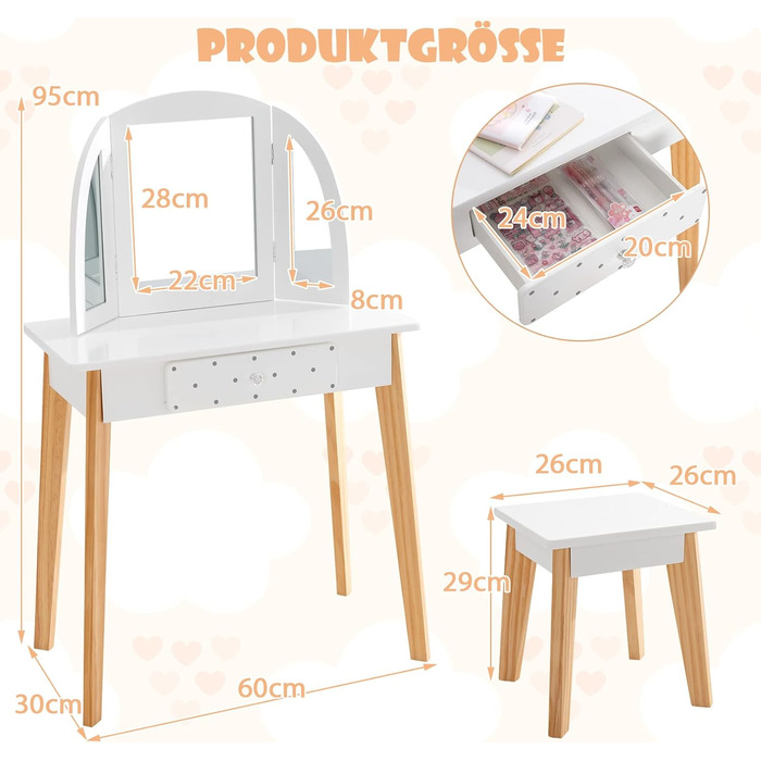 Набір дитячих туалетних столиків COSTWAY 2-в-1 з табуреткою, розкладним дзеркалом і ящиком для дівчаток (білий)
