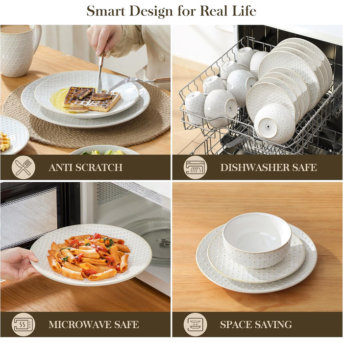 Набір посуду Malacasa LYDIA Beige для 4 осіб (16 предметів) - набір посуду з кераміки з рельєфом, сучасний сервіз