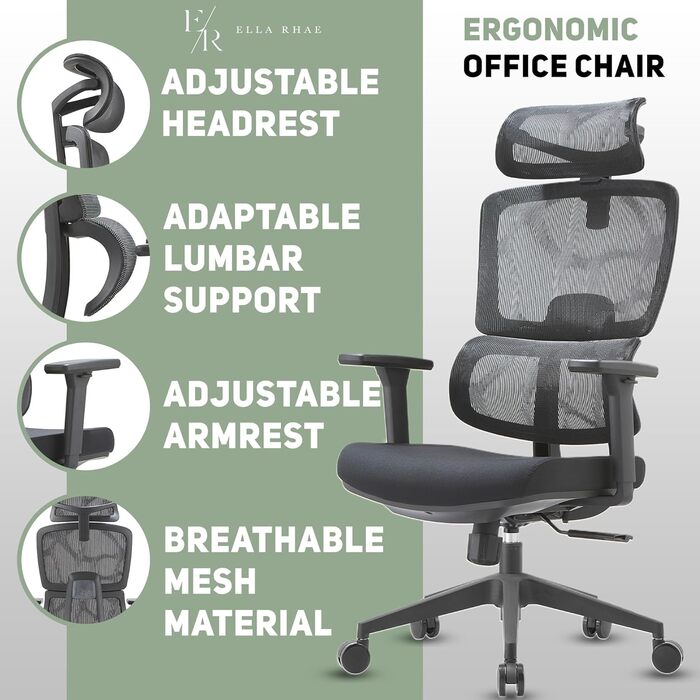 Ергономічне крісло для офісу Ella Rhae Premium - чорне, з сітчастою спинкою