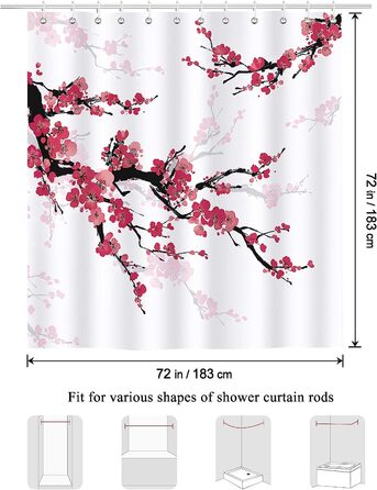 Штора для душу Bonhause Японські Червоні Квіти 180x200 см Антипліснява Водонепроникна з 12 гачками