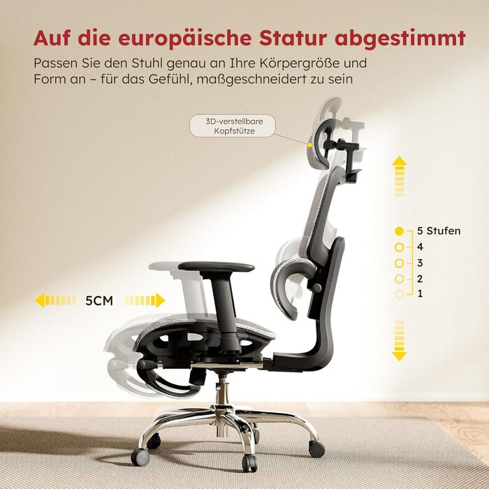 Ергономічне офісне крісло Voll-Mesh з підголівником, підставкою для ніг, регульованою спинкою, підлокітниками, саморегульованою поперековою підтримкою, PU-колесами, поворотним на 360°, навантаження до 150 кг, (Світло-сірий)