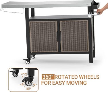 Onlyfire Grilltisch: Робочий стіл для гриля з великою поверхнею, візок для сервірування з колесами, гриль-стіл з відкидними боковими полицями, стільниця з нержавіючої сталі, візок для барбекю, 143.5 × 56 × 91 см, двостулковий