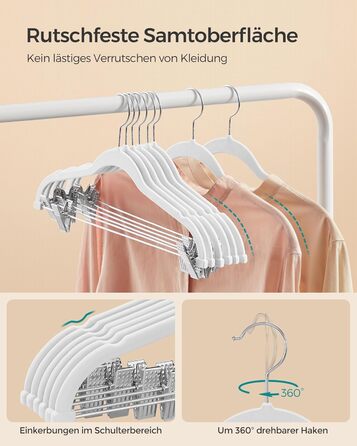 Набір вешалок SONGMICS 20 шт. з оксамитовим покриттям, для штанів, пальто, суконь, 42.5 см, з регульованими кліпсами, антиковзні, економія місця, CRF012B20
