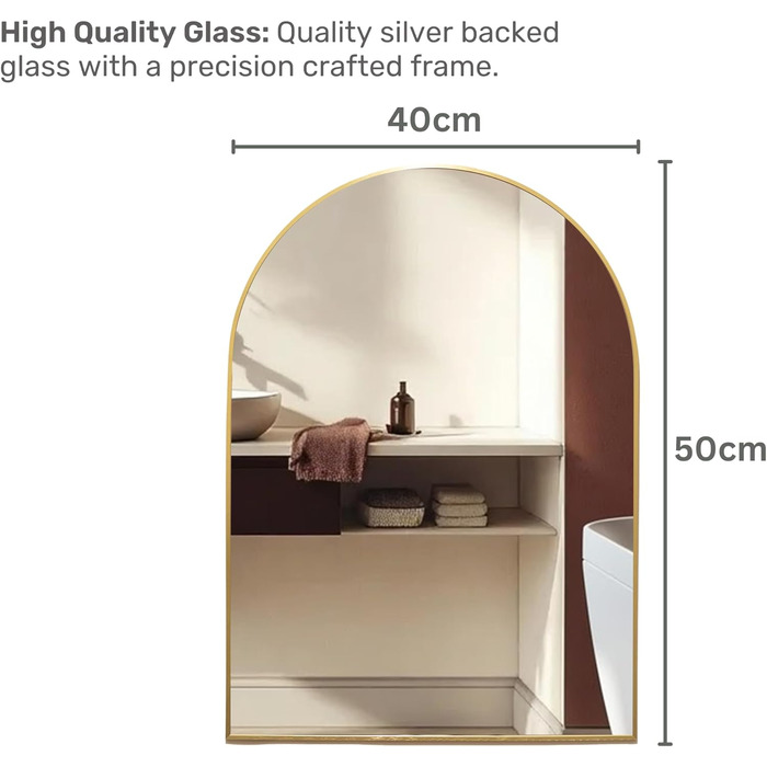 Дзеркало для ванної кімнати Arch Design Mood® Premium з золотою рамою, настінне, арочної форми, сучасне та стильне (50x40 см)