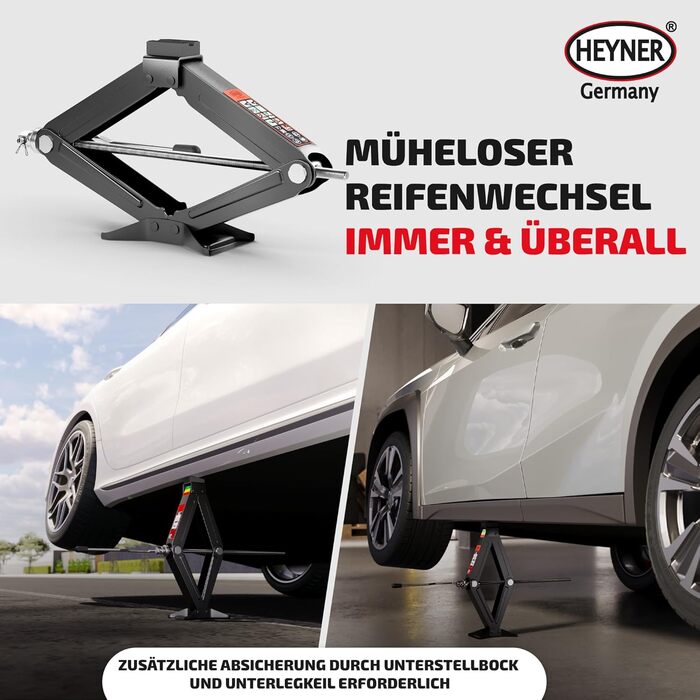 Підйомник гідравлічний ножичний HEYNER® 2т з кейсом, храповий механізм 17мм, гумові накладки, висота підйому 98-442мм. Автомобільний домкрат, сертифікат TÜV/GS