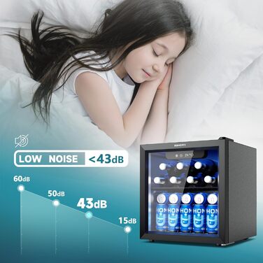 Міні-холодильник EUHOMY для напоїв на 55 банок з скляною дверцятами, чорного кольору, 36 л, для офісу, кімнати, бару, з LED-підсвіткою, 43 дБ