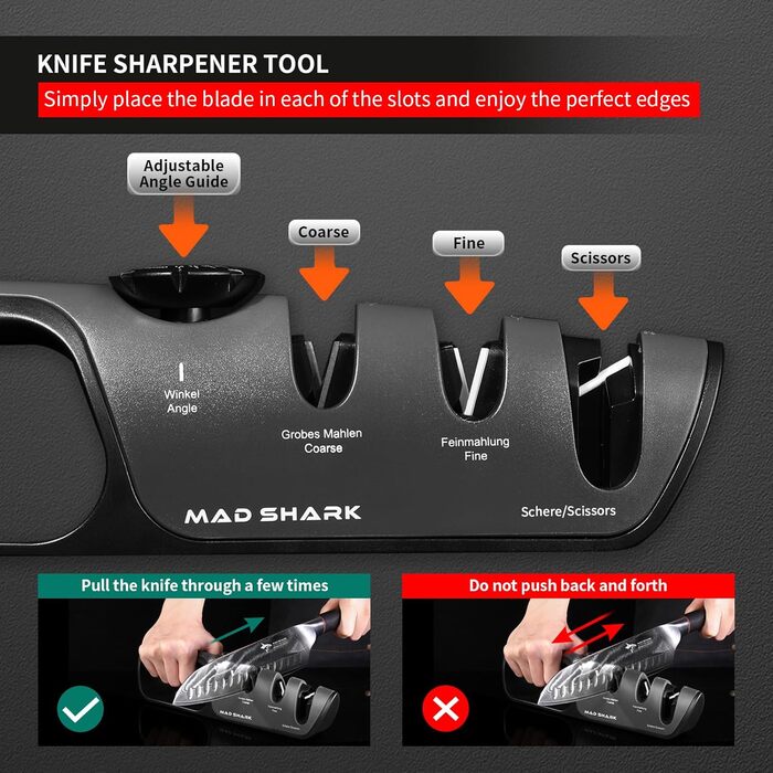 Точилка для ножів MAD SHARK, 6 кутів заточування, груба та тонка, ручна, чорна
