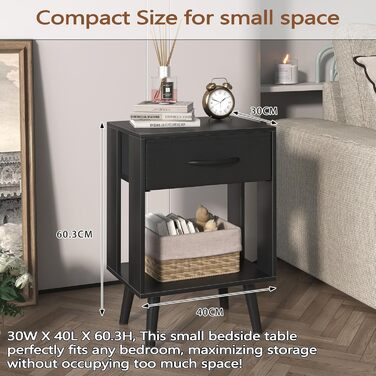 Набір з 2 тумбочок до ліжка, 40x30x60.3 см, чорний колір. Тумбочки з шухлядою для спальні, дитячої кімнати, як подарунок. Настільний столик, приліжкова тумбочка.