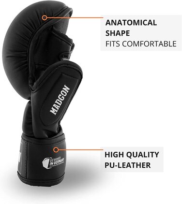 Захисні рукавички для ММА MADGON виготовлені з високоякісного матеріалу, що забезпечує тривалий термін служби Боксерські рукавички з дуже товстою набивкою для паррінга, єдиноборств, боксу, кікбоксингу, ММА - включаючи сумки (Чорно-білий, М)