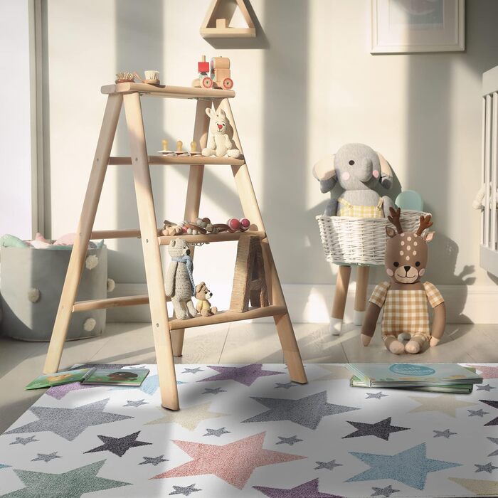 Килимок для дитячої кімнати pay-кремовий кольоровий - 120x160 см - зірки в пастельних тонах килим для ігор з зірками дитячий килим з коротким ворсом м'який 120x160 см мульти