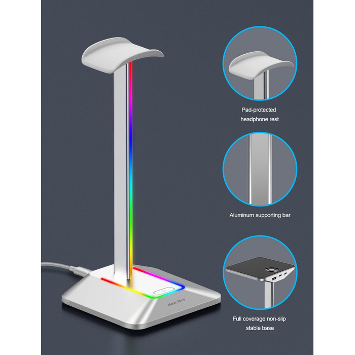 Нова підставка для навушників bee RGB із зарядним пристроєм USB-C та передачею даних для всіх гарнітур (Plateado)