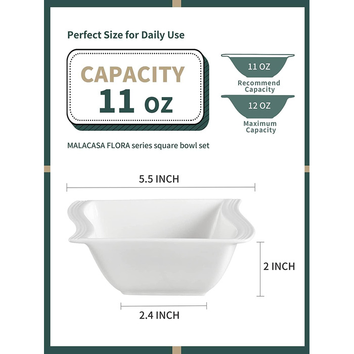 MALACASA Серія Flora – 60-елементний посуд для 12 осіб – кремово-білий порцеляновий сервіз з квадратним дизайном (тарілки, чашки, підставки) – придатний для миття в посудомийній машині та мікрохвильовій печі, білий
