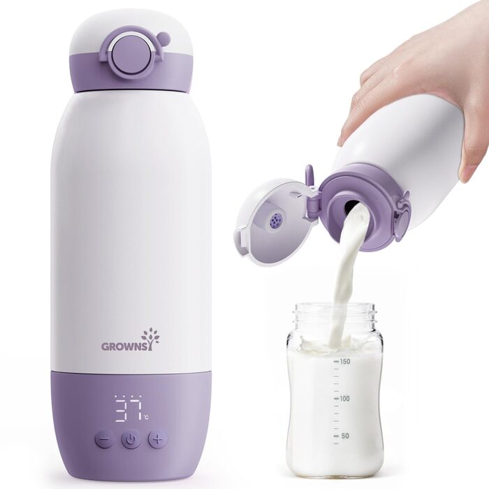 Підігрівач для пляшечок GROWNSY: портативний, для подорожей, 10000mAh, 600мл, точний контроль температури, рожевий/фіолетовий