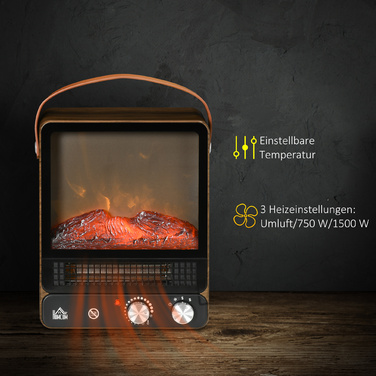 Електричний камін HOMCOM 750/1500W з ефектом полум'я, захистом від перегріву, низьким рівнем шуму, регульованим стоячим каміном з ручкою для затишних вечорів