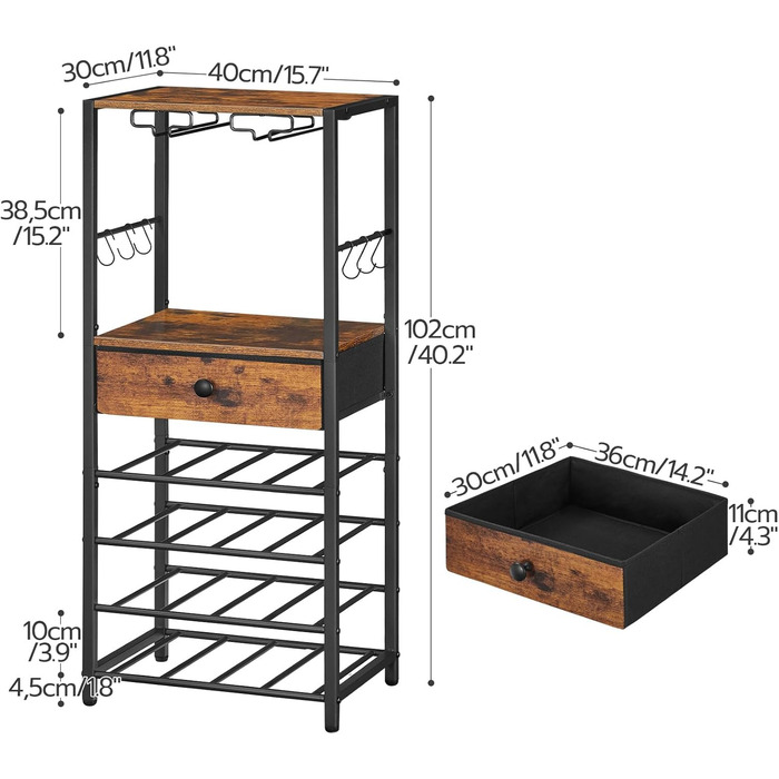 Стильна полиця для вина HOOBRO на 16 пляшок з 6 ярусами, з шухлядою, органайзер для вин, дерев'яний винний стенд, 40 x 30 x 102 см, вінтажний колір